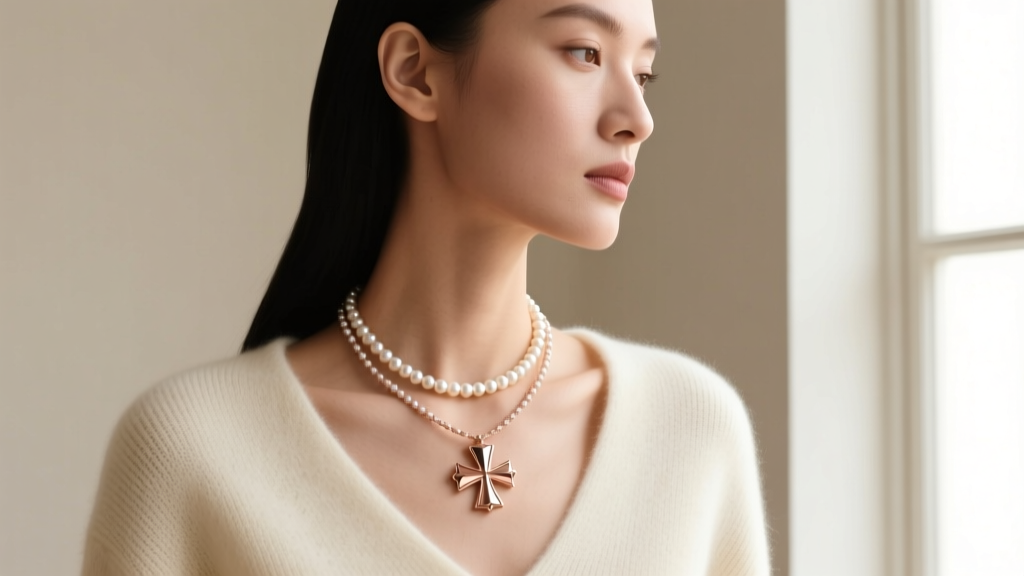 Delicate 15mm rose gold Maltese cross necklace layered with a pearl strand, worn by a model in a soft cream cashmere sweater.