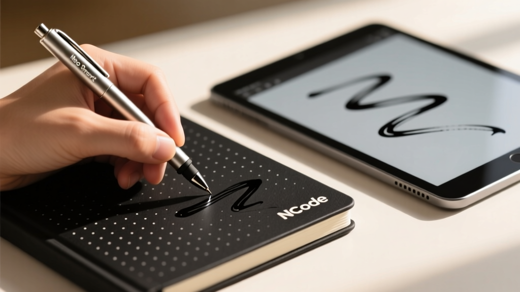 Hands writing in black Ncode dot-pattern notebook with metallic Neo Smartpen, tablet nearby displaying real-time digitized ink strokes