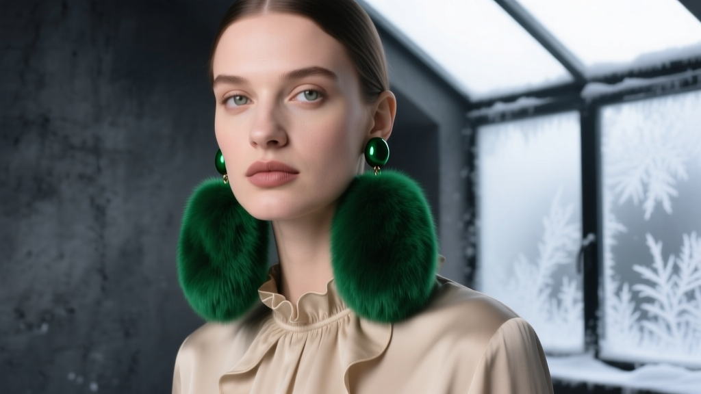 Close-up of a model wearing oversized plush emerald-green faux fur drop earrings against a moody dimly lit winter studio backdrop
