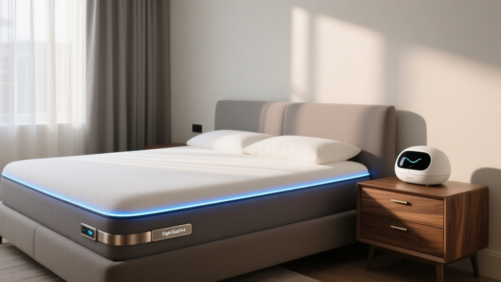 Minimalist bedroom featuring Eight Sleep Pod 4 mattress cover with blue LED temperature indicators and a Somnox robot on the nightstand