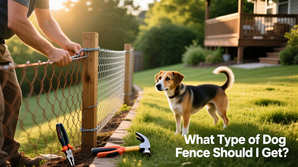 A person installing galvanized wire fencing along a gently sloping backyard edge, with tools and stakes visible