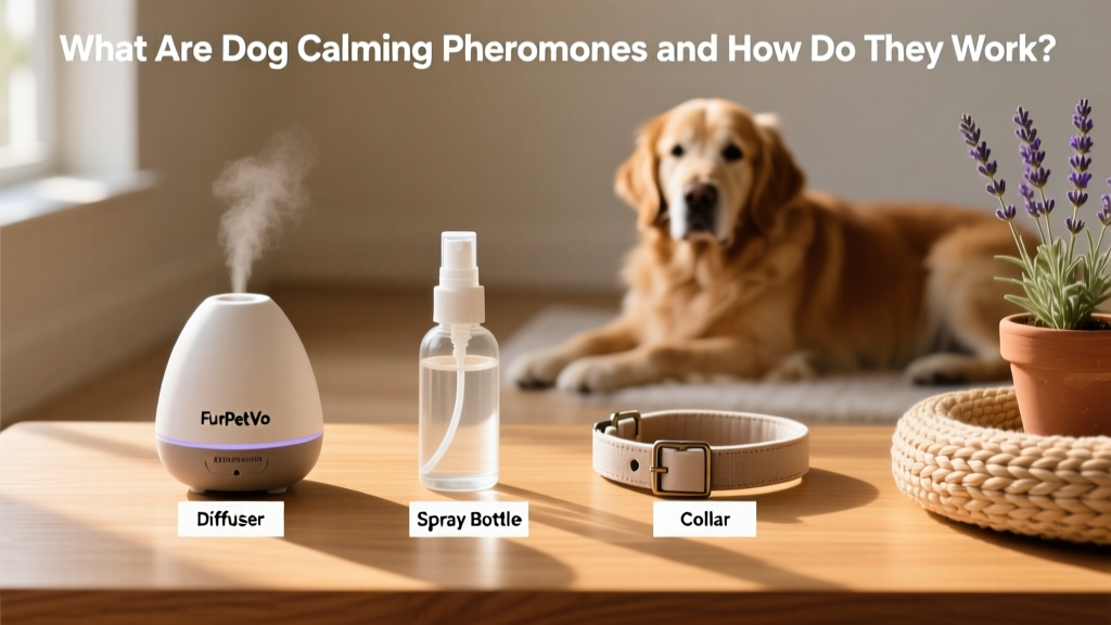 A side-by-side comparison of FurPetVo diffuser, spray bottle, and collar on a clean wooden surface