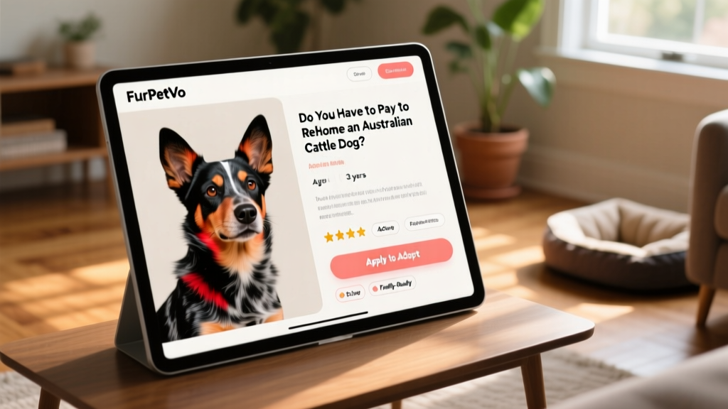 Screenshot of a FurPetVo listing page showing an Australian Cattle Dog’s profile with photos, bio, and adopter application button
