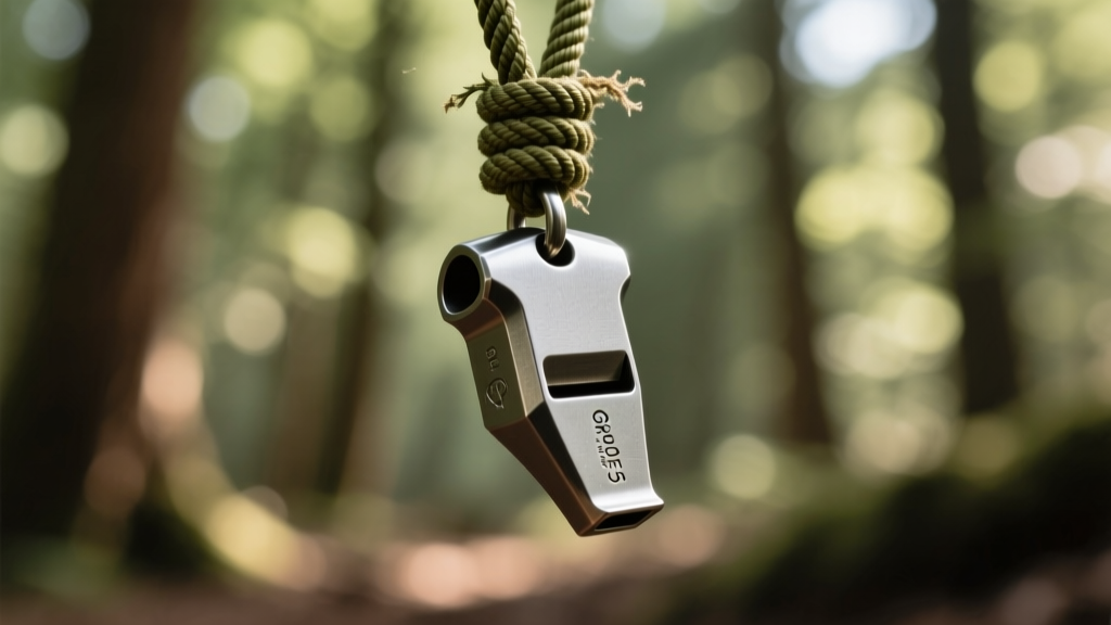 Close-up of a rugged Grade 5 titanium survival whistle pendant on olive drab paracord against a blurred forest backdrop