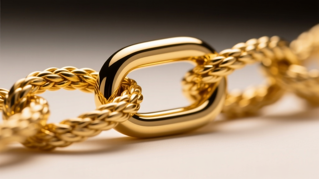 Macro shot of a 14k yellow gold rope chain link, highlighting the smooth unblemished metal surface reflecting warm studio lighting.