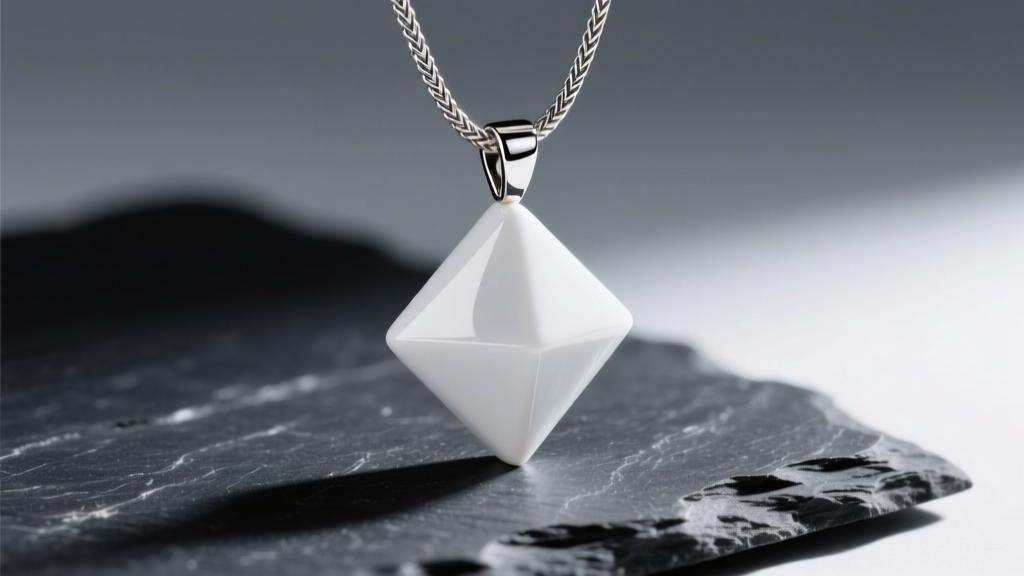 White zirconium ceramic geometric pendant on braided titanium cord resting on dark slate under dramatic side lighting setup