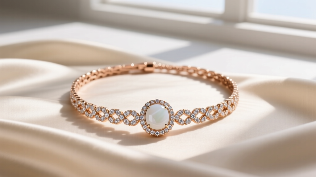 Elegant flat lay of an 18k rose gold Pasquale Bruni Bon Ton necklace with white agate and diamond pavé on cream silk fabric.