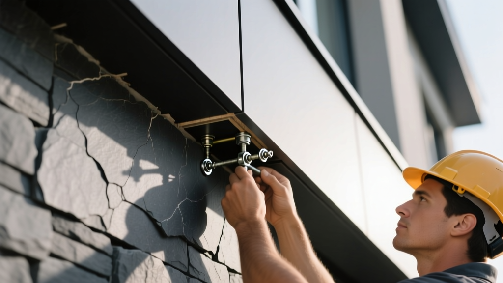 Contractor inspecting hidden mechanical fasteners and interlocking joints of dark gray nail on stone veneer on an exterior wall