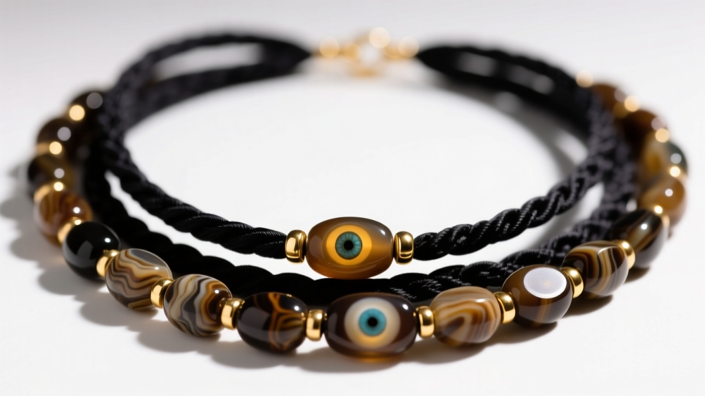 Close-up of a multi-strand dzi bead necklace with ancient nine-eyed agate beads and 18k gold spacers on dark silk cord