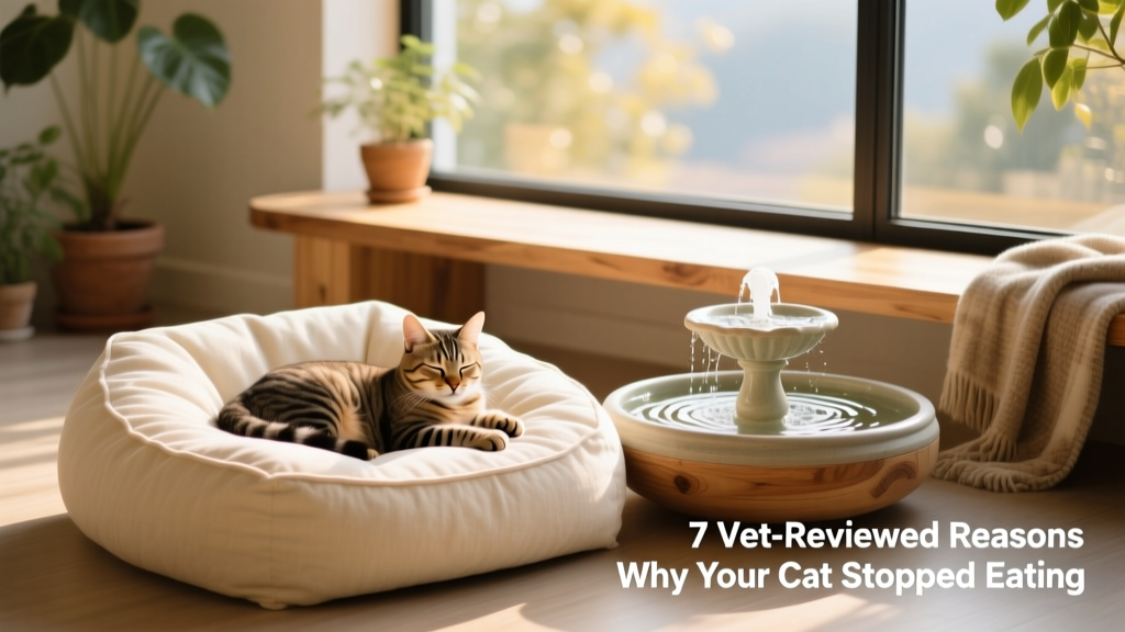 Calm indoor setting with a cozy cat bed, water fountain, and elevated perch—showcasing a low-stress environment