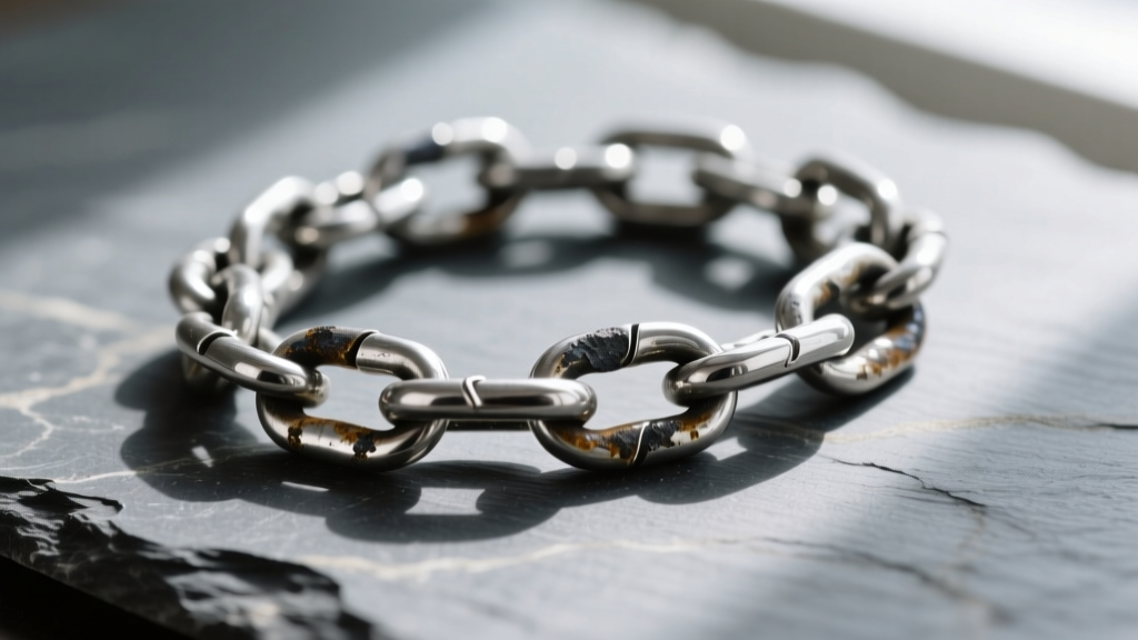 Macro photo of a tarnished sterling silver chain on slate, contrasting dull gray sulfide patches with bright links.