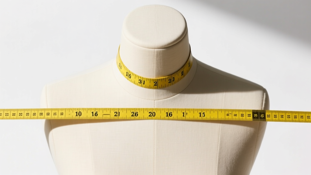 Yellow measuring tape wrapped around a mannequin neck, marking the 16-inch choker and 20-inch chest drop lengths, top-down view.
