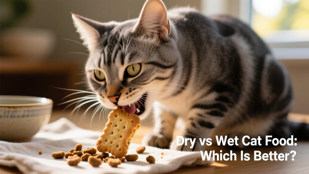 a close up of a cat chewing some dry cat food biscuits