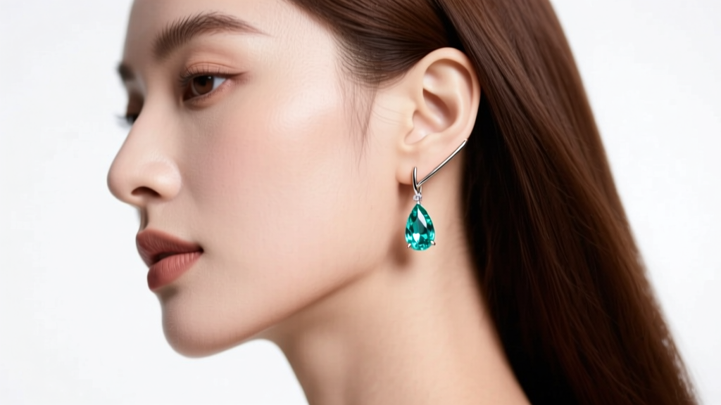 Close-up side profile of a woman wearing a secure leverback wire earring with a small teardrop aquamarine gem, studio lighting.