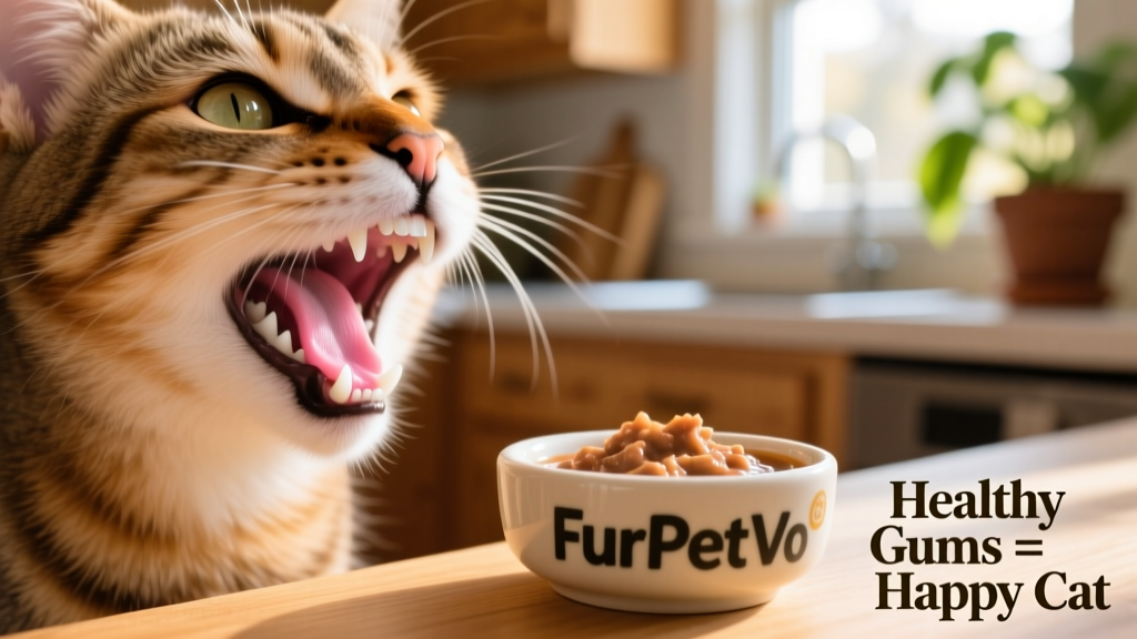 Close-up of a cat’s mouth showing healthy pink gums and clean teeth, next to a small bowl of FurPetVo premium wet food