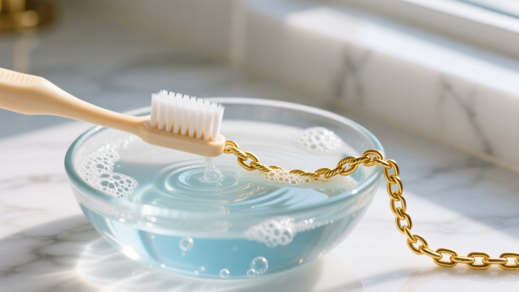 Close-up of a soft baby toothbrush gently scrubbing a delicate 14k gold cable chain link submerged in a bowl of mild soapy water