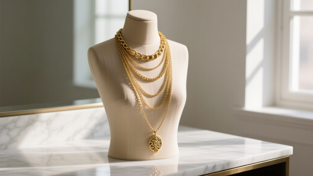 Elegant beige linen-covered mannequin necklace holder displaying layered gold chains and pendants on a marble vanity