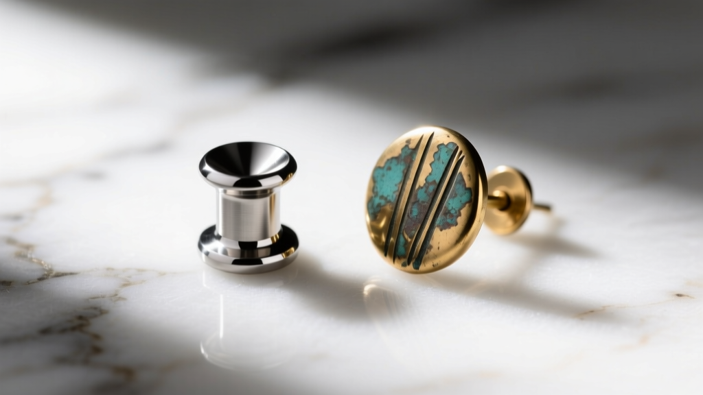 Macro shot of an ASTM F136 titanium flat back labret stud next to a tarnished brass earring on a clean white marble surface