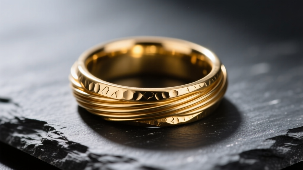 Macro shot of a 14-gauge half-hard brass wire ring with a hammered texture on dark slate, highlighting the golden metal reflections