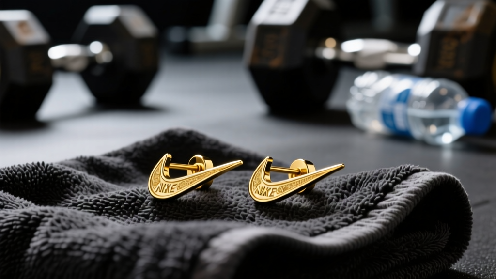 Close-up of custom 18k gold Nike swoosh stud earrings resting on a black gym towel, illuminated by dramatic studio lighting.
