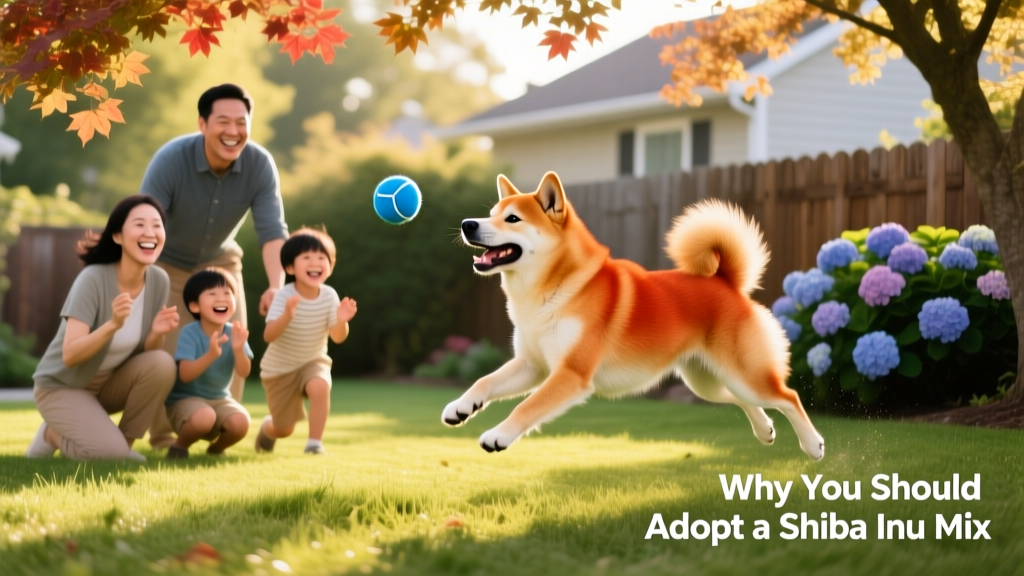 Happy family playing fetch with a Shiba Inu mix in a backyard, symbolizing joyful, long-term companionship