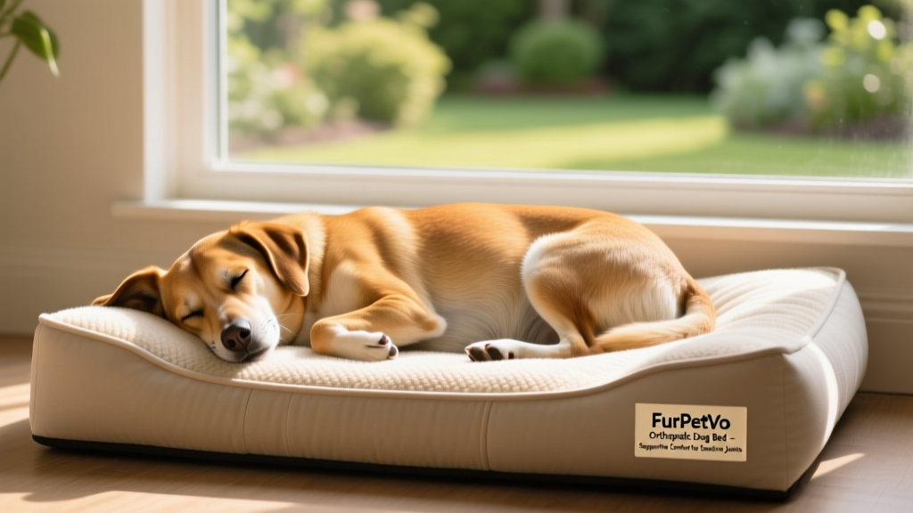Happy, relaxed dog napping peacefully on a FurPetVo orthopedic dog bed beside a window
