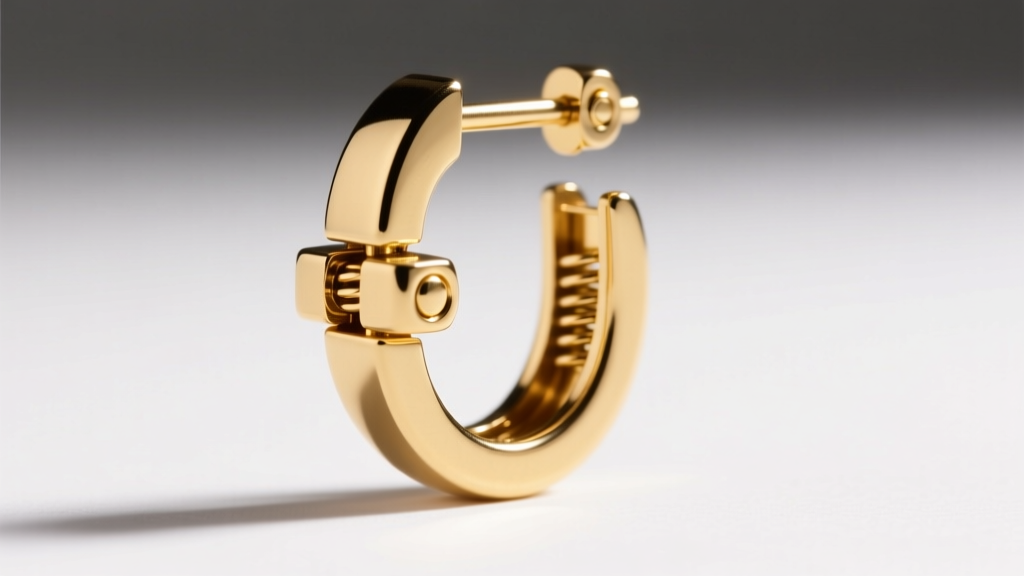 Side profile of a 14k gold leverback earring hook mechanism, showing the internal spring tension hinge and secure locking latch.