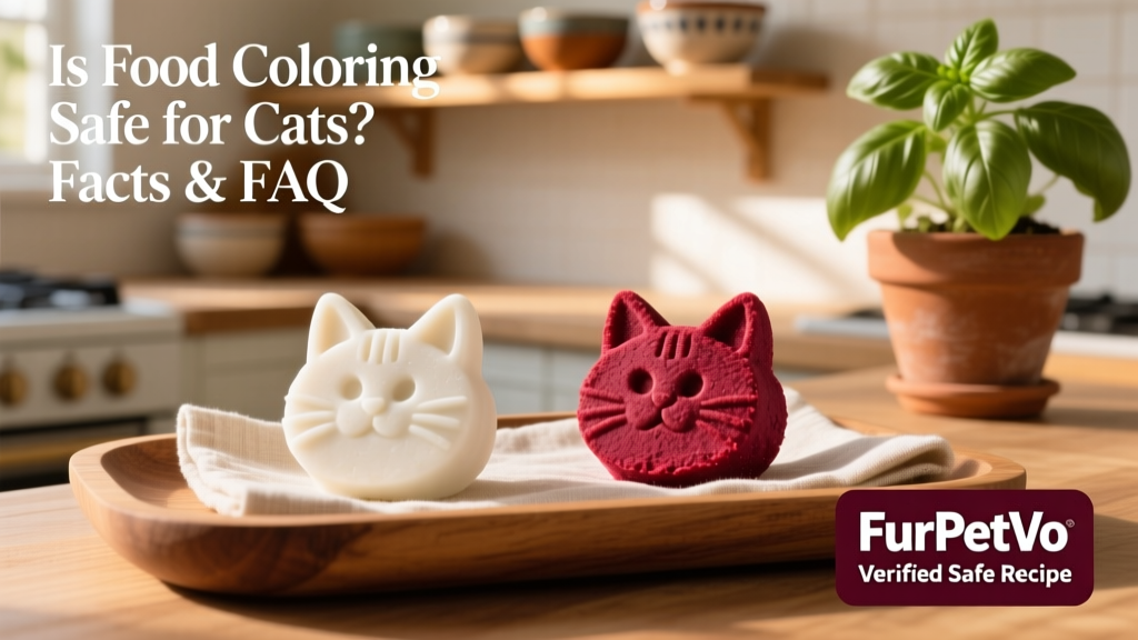 Side-by-side comparison: plain white cat treat vs. same treat tinted with beetroot powder, labeled 'FurPetVo Verified Safe Recipe'