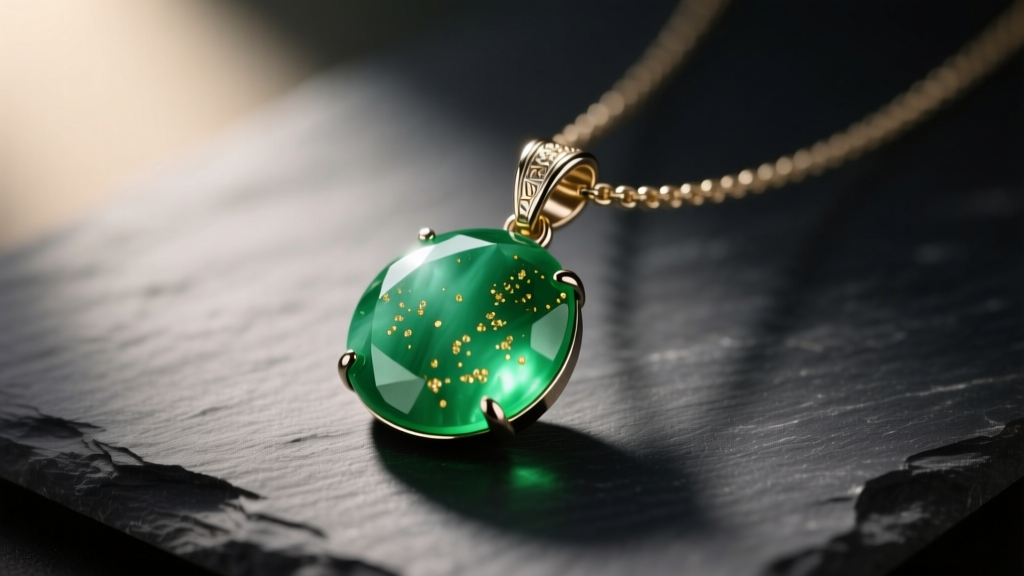 Green aventurine pendant necklace on dark slate, lit by soft warm light to show fuchsite flakes and bail.