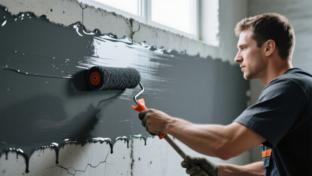 Worker applying dark grey polyurethane liquid waterproofing membrane over a concrete foundation wall using a thick-nap roller.