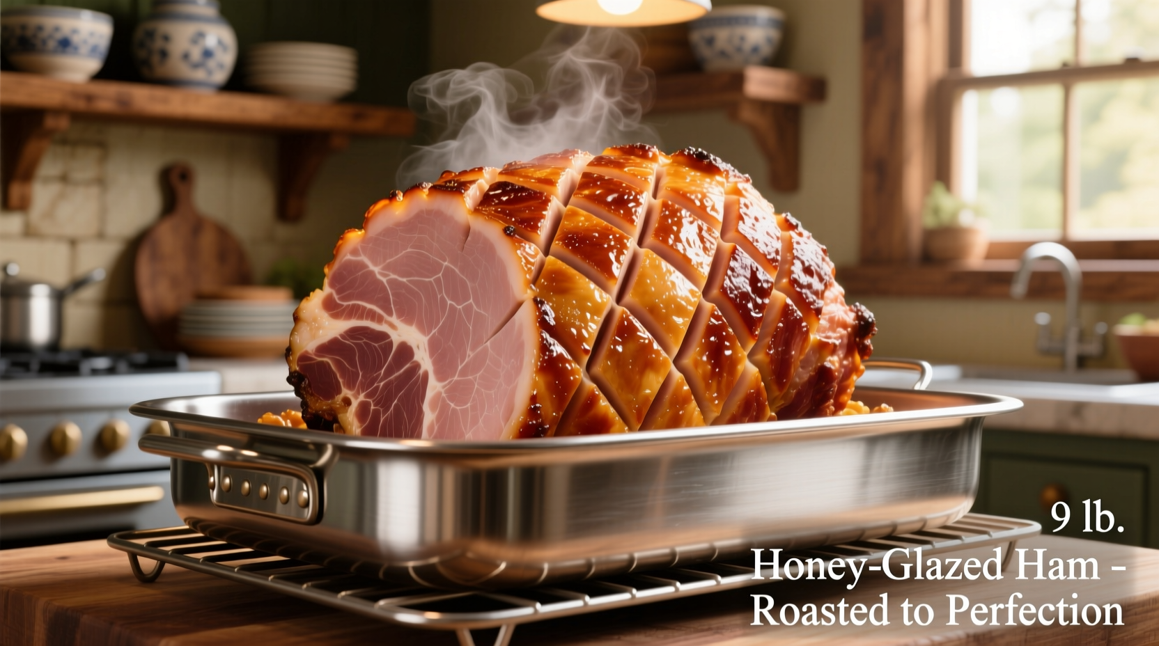 9 pound ham properly scored and placed in roasting pan