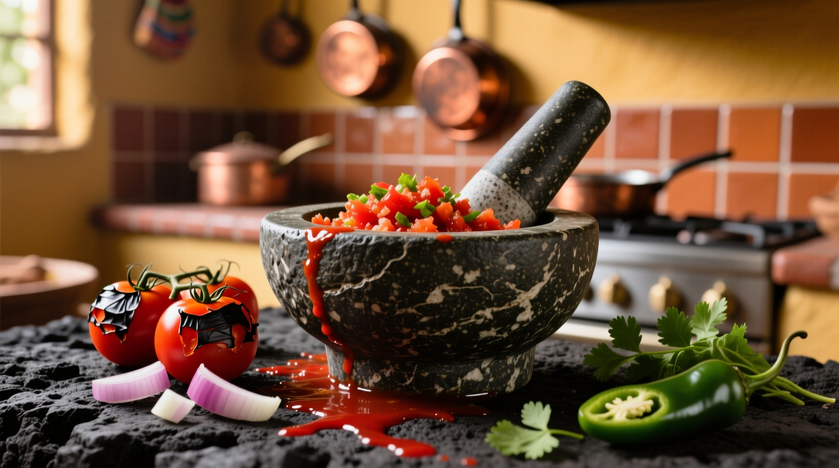 Roasted tomato salsa in traditional molcajete
