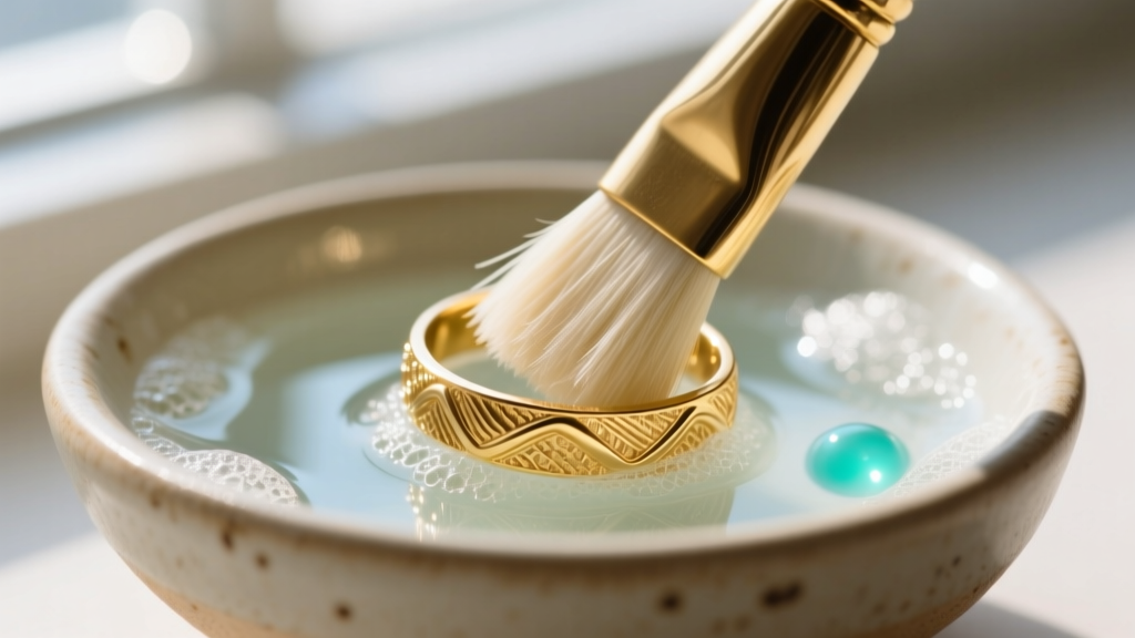 Close-up of a soft bristle brush gently scrubbing a textured gold band in a ceramic bowl filled with soapy liquid jewelry cleaner.