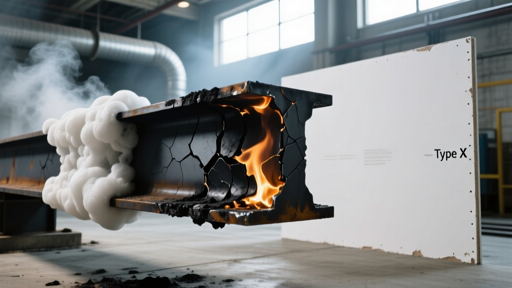 Charred steel beam protected by intumescent coating next to pristine Type X gypsum board during a structural fire test setup
