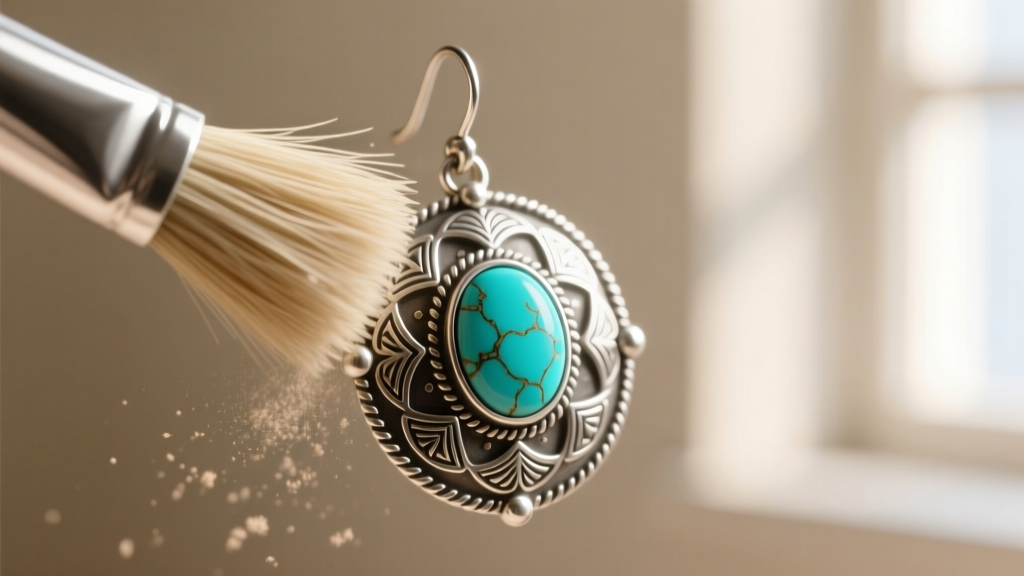 Soft bristle brush cleaning stamped silver details of a concho earring, carefully avoiding the porous turquoise center stone