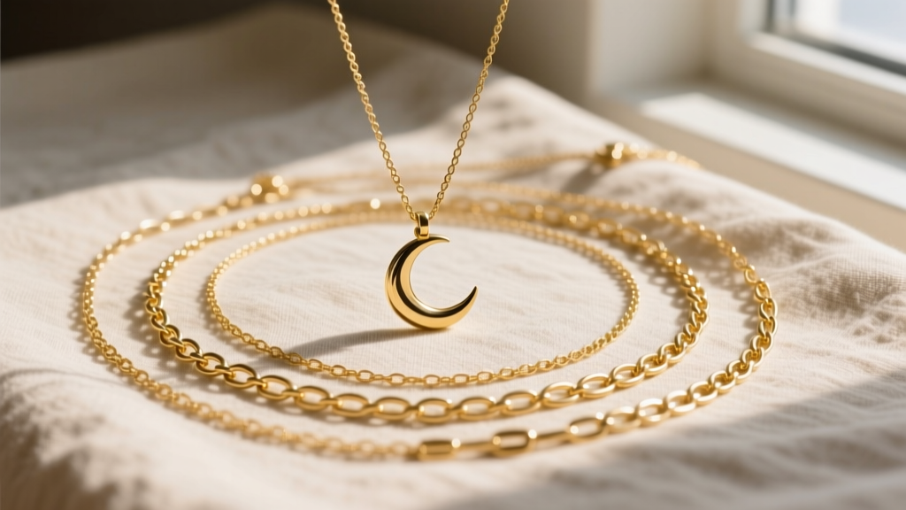 Flat lay of layered gold Pura Vida necklaces with a crescent moon pendant and delicate cable chain on neutral linen fabric