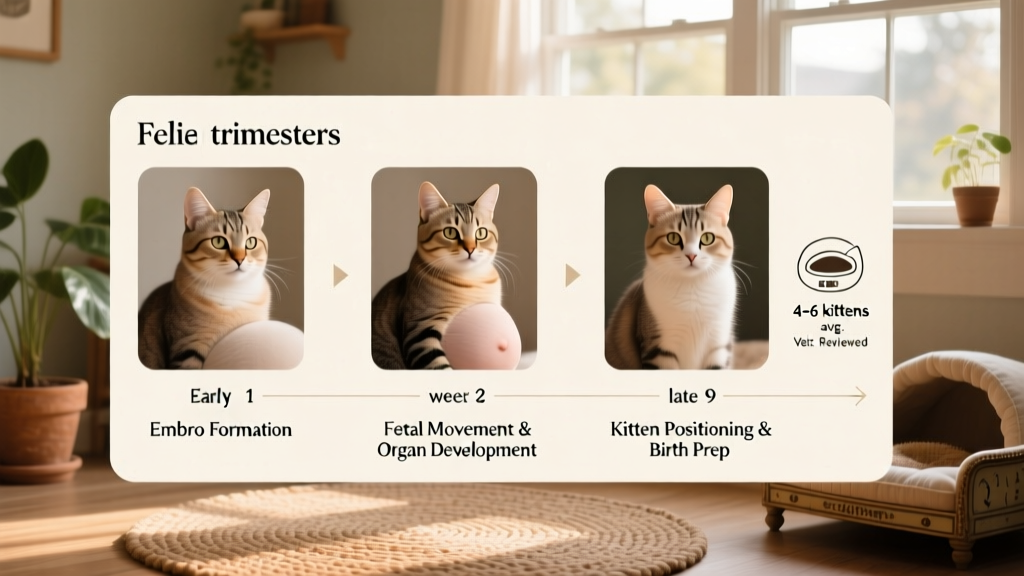 Side-by-side timeline illustration showing the three trimesters of feline pregnancy, with key developmental milestones labeled