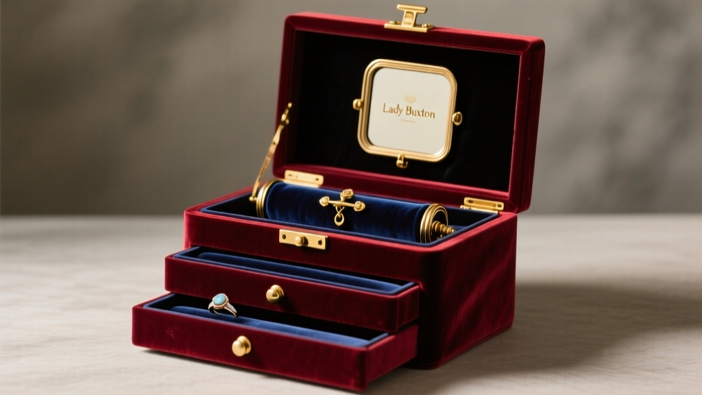 Open vintage Lady Buxton jewelry box showing tiered velvet drawers, a ring roll, and flip-up mirror, lit by warm ambient light.