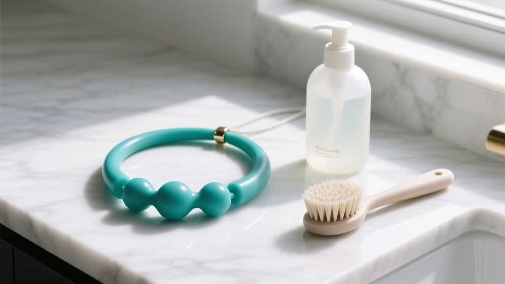 Teal silicone chewy necklace pendant on a white marble counter beside mild dish soap and a soft bristle cleaning brush.