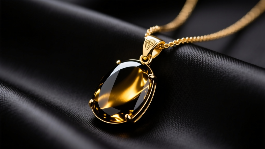 Gold sheen obsidian pendant necklace on dark silk, showing golden chatoyancy and a 14k gold bail under soft studio lighting