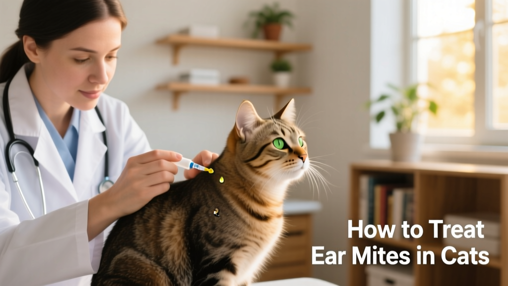 Veterinarian gently applying topical ear mite treatment to a cat's skin between the shoulder blades