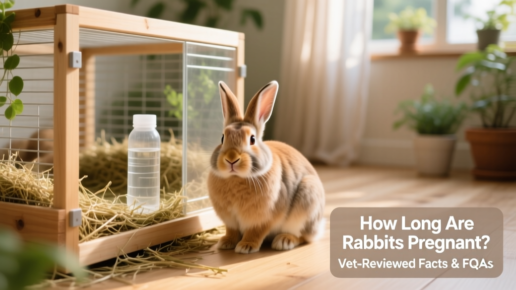 Happy, healthy adult rabbit sitting calmly beside a clean, spacious enclosure with fresh hay and water