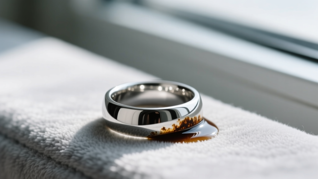 Silver ring half-dipped in cleaner, showing contrast between bright polished silver and dark tarnish on a soft gray cloth.