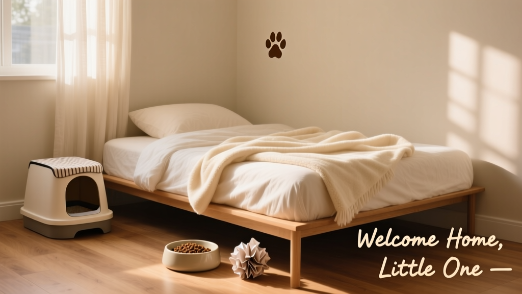 A cozy, kitten-proofed bedroom with a soft blanket, litter box, food bowl, and small toy