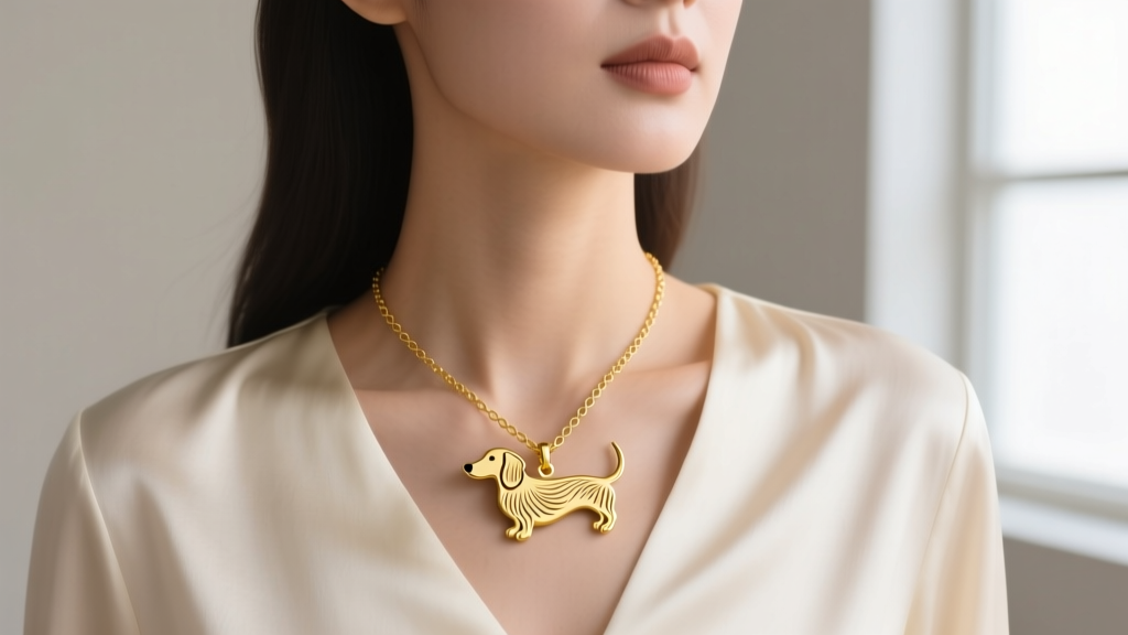 Close-up of a woman wearing an 18k yellow gold dachshund silhouette pendant on a 1.5mm rolo chain against a silk blouse