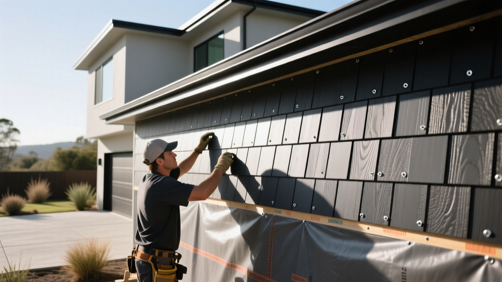 Contractor installing dark charcoal fiber cement lap siding over a weather-resistive barrier on a modern two-story home.