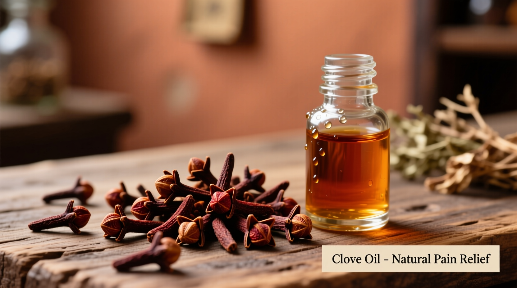 Whole cloves and clove oil bottle for dental pain relief