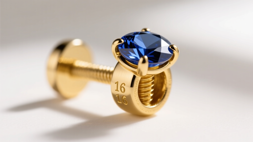 Macro shot of a 16-gauge internally threaded 18k yellow gold earring post with a secure screw-in bezel set sapphire gemstone top