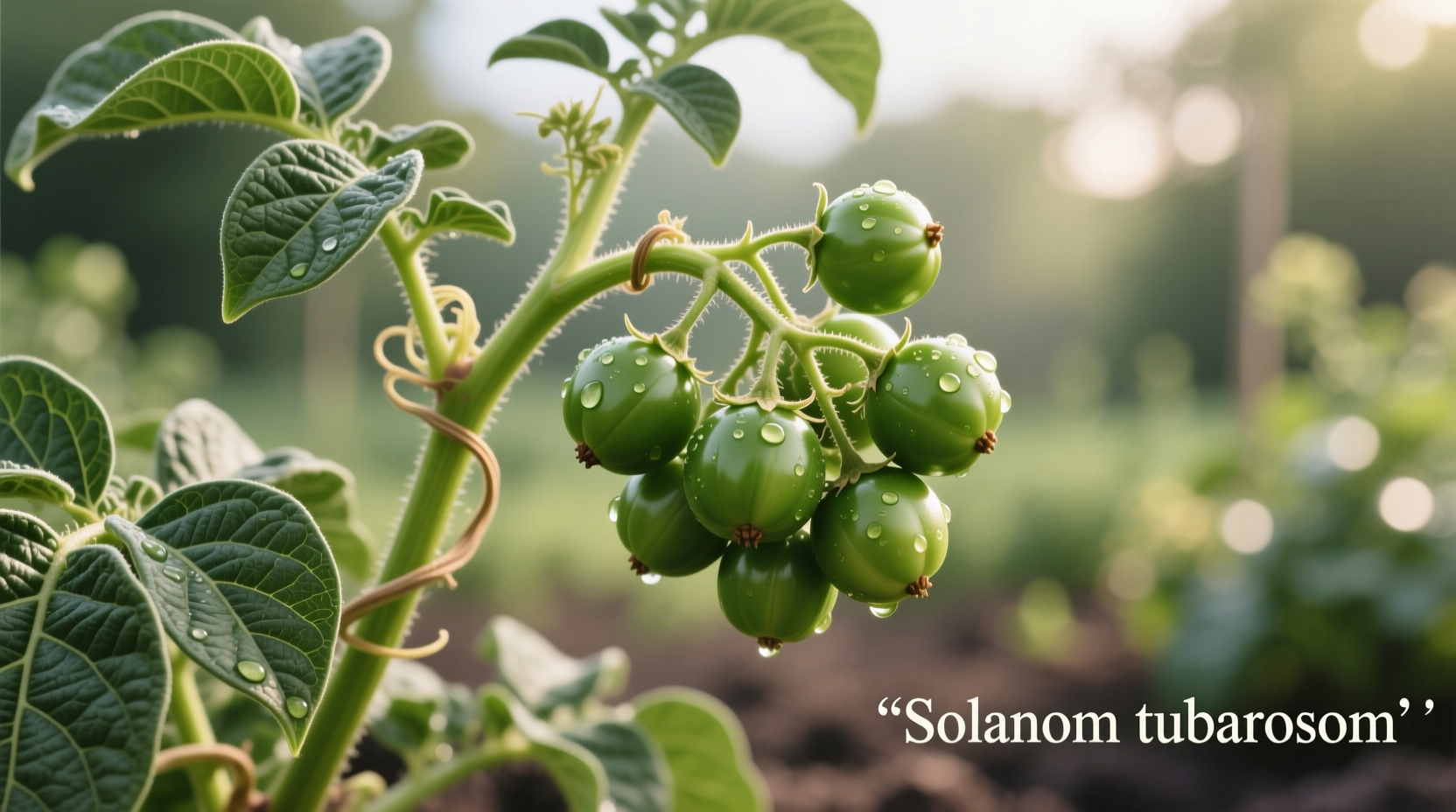 Green potato plant berries on vine