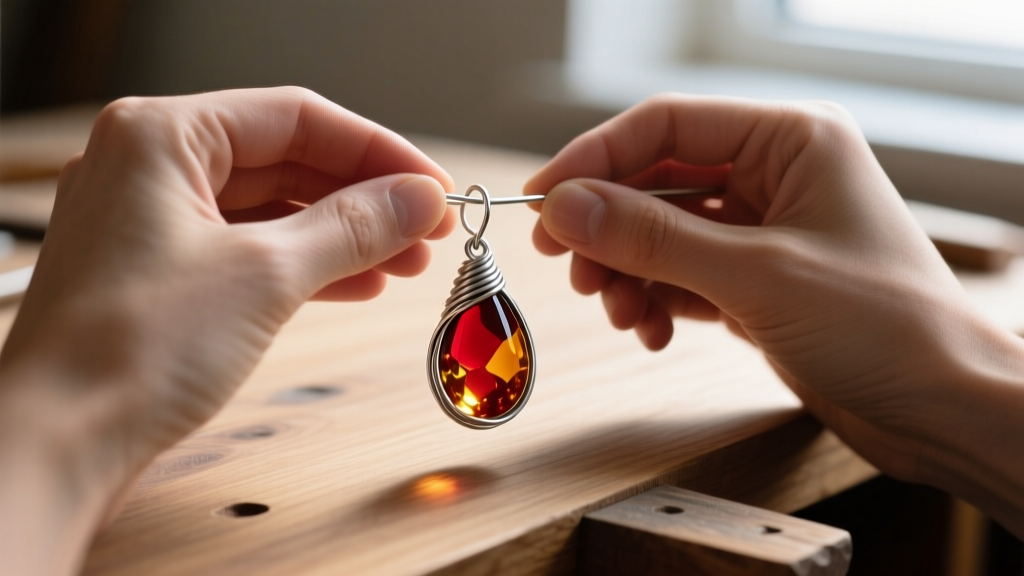 Jeweler using nylon pliers to wire-wrap a raw cherry amber drop earring with tarnish-resistant silver wire on a wooden workbench